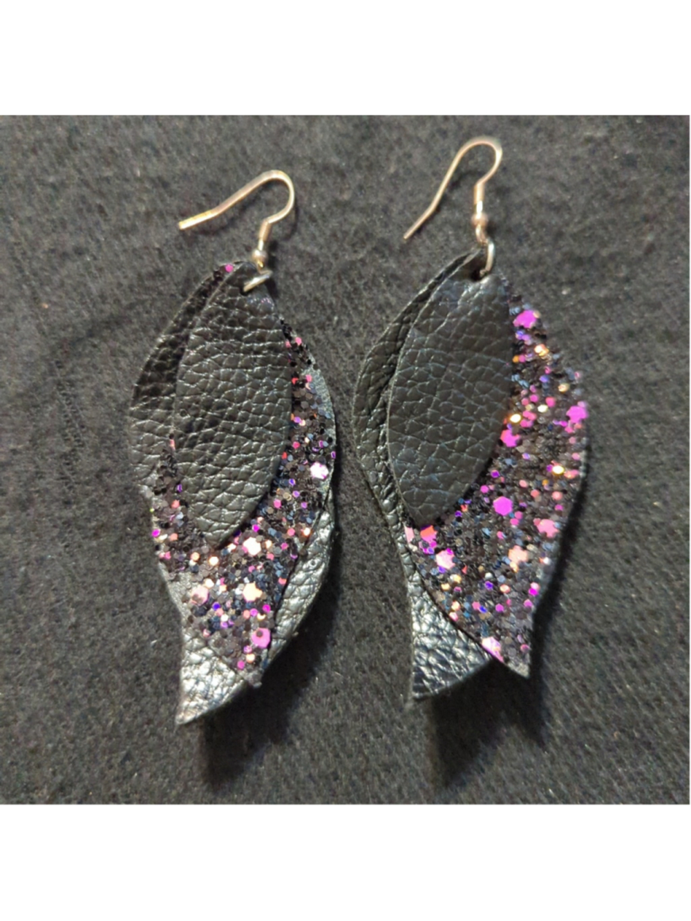 Black and Pink Glitter Leather Feather Wing Statement Earrings